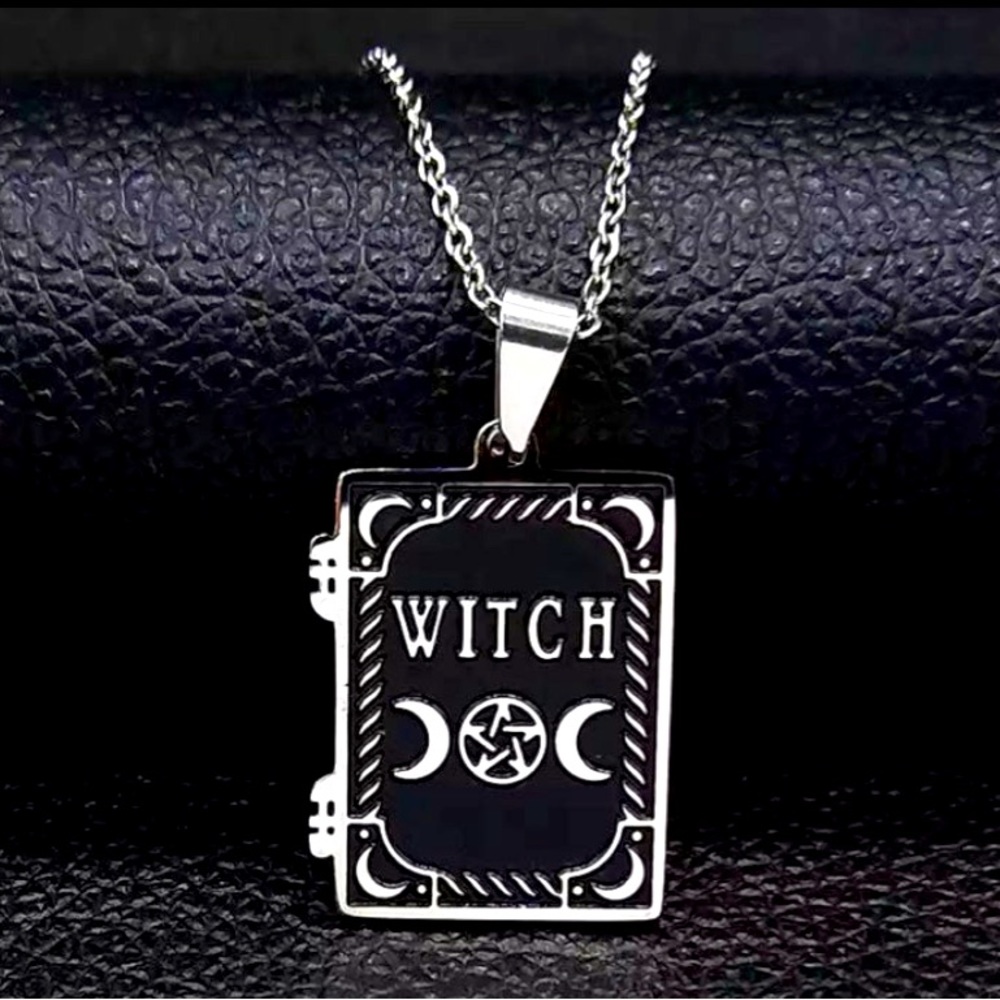 Triple Moon Witch Crescent moons Spell Book Pentagram Silver Necklace Jewelry